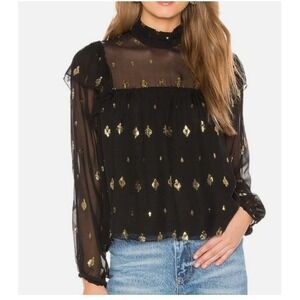 A.L.C. Silk Meloni Blouse Top Metallic Print‎ Mock Neck Long Sleeve Black Size 2